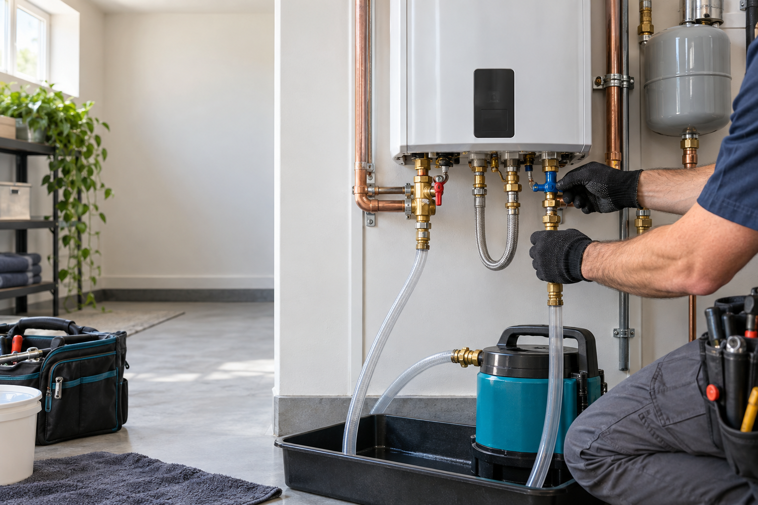 Contractor flushing a tankless water heater with service pump and hoses